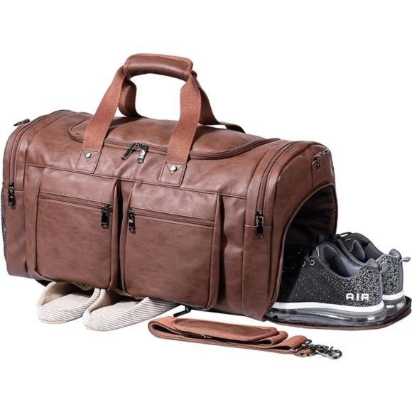 Leather Travel Bag with Shoe Pouch,Weekender Overnight Bag Waterproof Leather